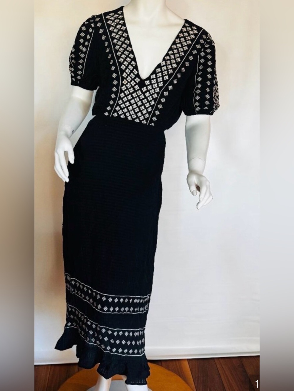 Black Embroidered V-Neck Midi Dress with Puff Sleeves